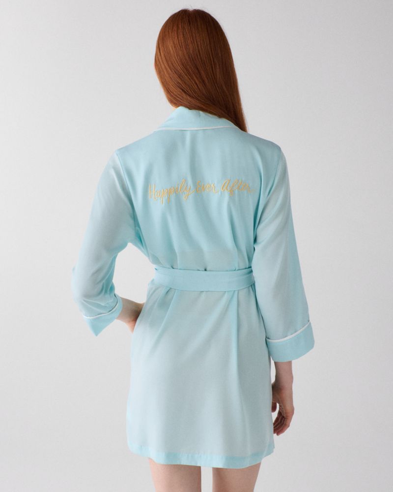 Kate Spade,Bridal Happily Ever After Robe,Rayon,Cotton,Wrap Robe,Piping,Tie Belt,Indoor,Blue