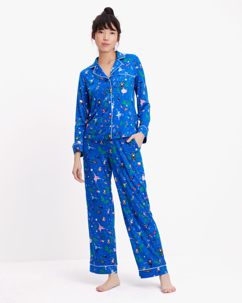 Kate Spade New York Long Sleeve V-Neck Stretch Velour Animal Print Pajama Set - Xs
