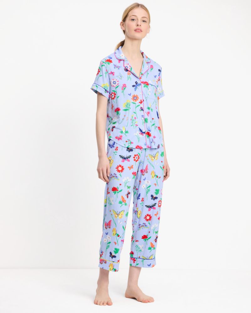 Kate Spade,Crop Pj Set,Polyester,Spandex,Button Down,Straight,Piping,Sleepwear,Blue