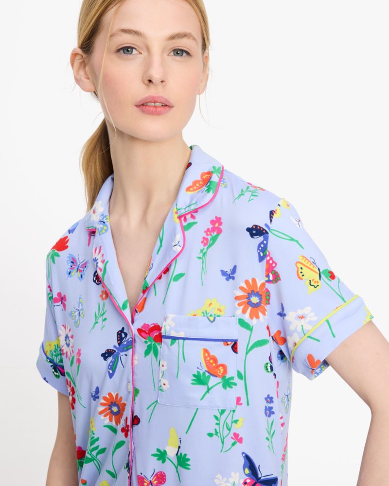 Kate Spade,Crop Pj Set,Polyester,Spandex,Button Down,Straight,Piping,Sleepwear,Blue