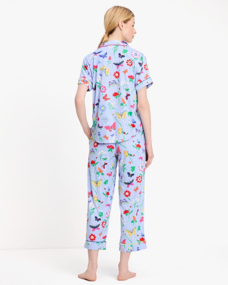 Kate Spade,Crop Pj Set,Polyester,Spandex,Button Down,Straight,Piping,Sleepwear,Blue