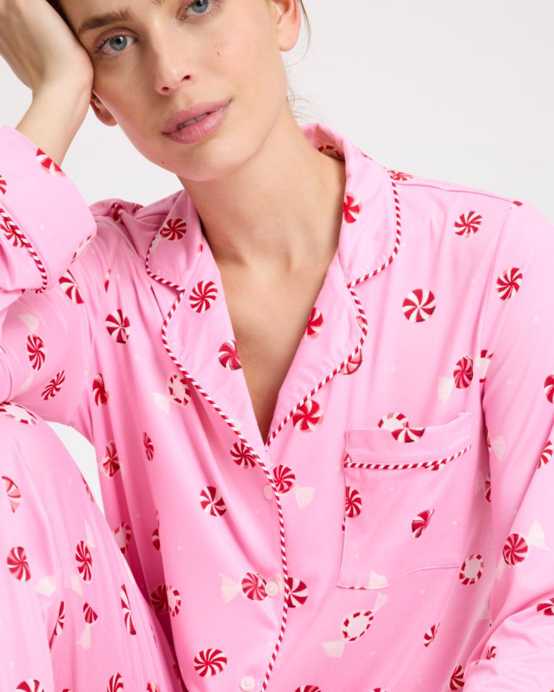 Kate Spade,Long Pj Set,Recycled Polyester,Button Down,Wide Leg,Straight,Piping,Pattern,Eco-Friendly,Sleepwear,Pink