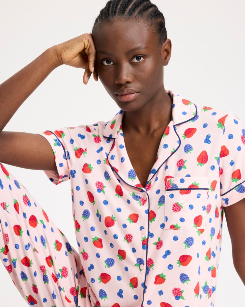 Kate Spade,Mixed Berries Cropped Pj Set,Modal,Straight,Button Down,Piping,Sleepwear,Multi Color