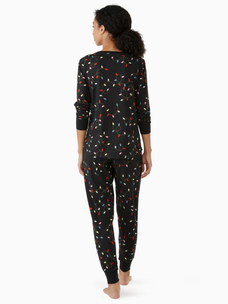 Kate Spade,Henley Holiday Pajama Set,Spandex,Polyester,Jogger,Henley,Eye Mask,No Embellishment,Piping,Set,Sleepwear,Black