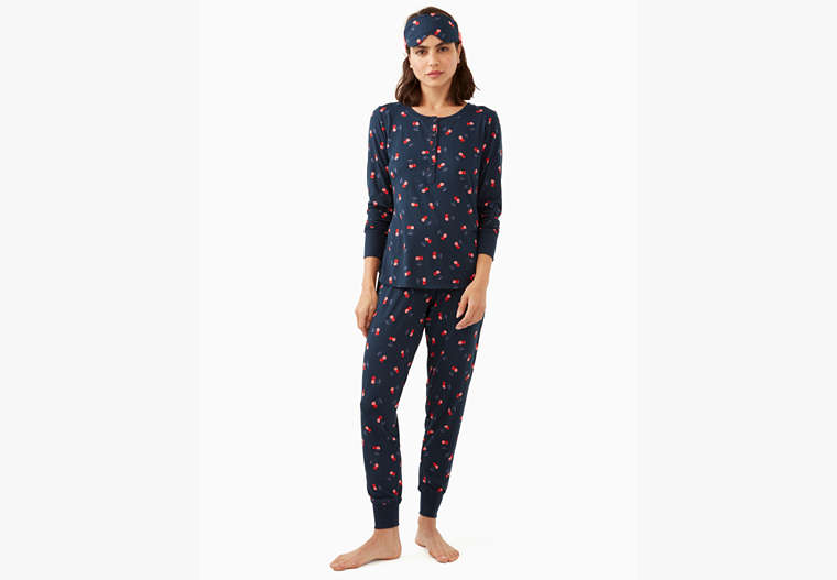 Kate Spade,henley holiday pajama set,sleepwear,Polyester,50%,Blue Multi image number 0