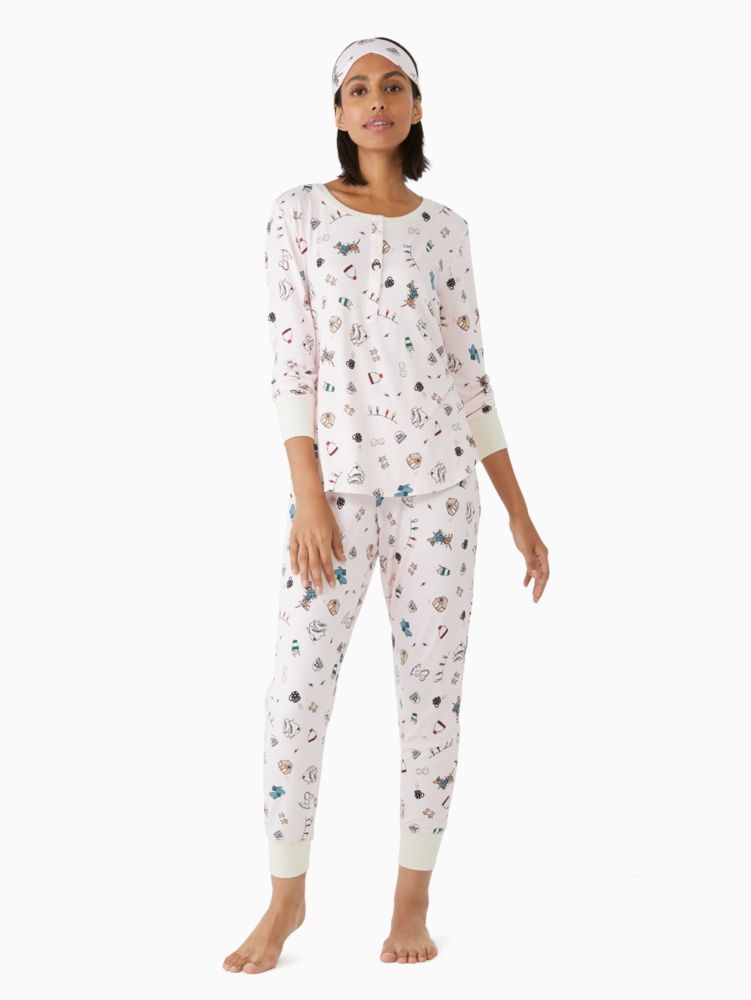 Kate Spade,Henley Holiday Pajama Set,Spandex,Polyester,Jogger,Henley,Eye Mask,No Embellishment,Piping,Set,Sleepwear,White