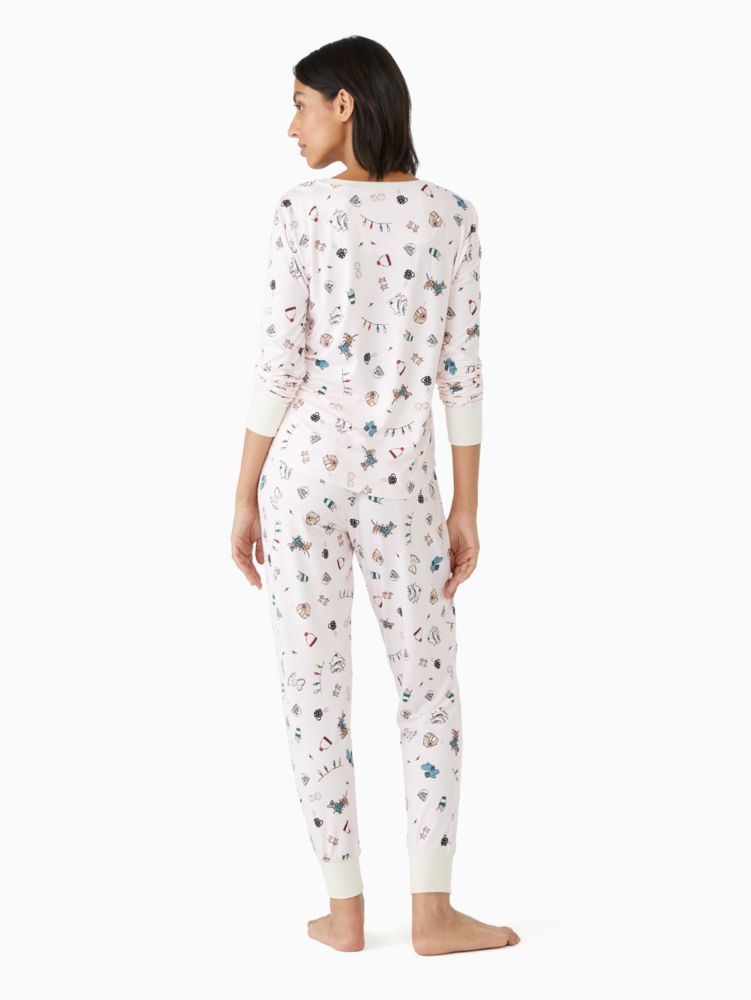 Kate Spade,Henley Holiday Pajama Set,Polyester,Spandex,Henley,Eye Mask,Jogger,Piping,Set,Sleepwear,White