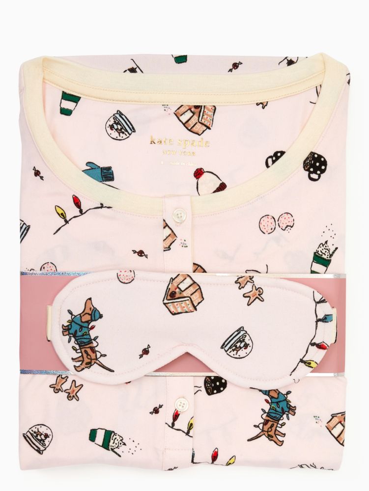 Kate Spade,Henley Holiday Pajama Set,Polyester,Spandex,Henley,Eye Mask,Jogger,Piping,Set,Sleepwear,White