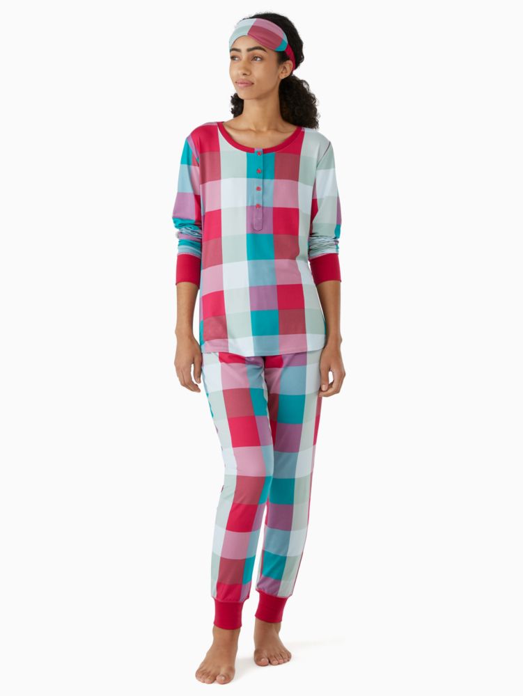 Kate Spade,henley holiday pajama set,sleepwear,Polyester,50%,Multi Plaid