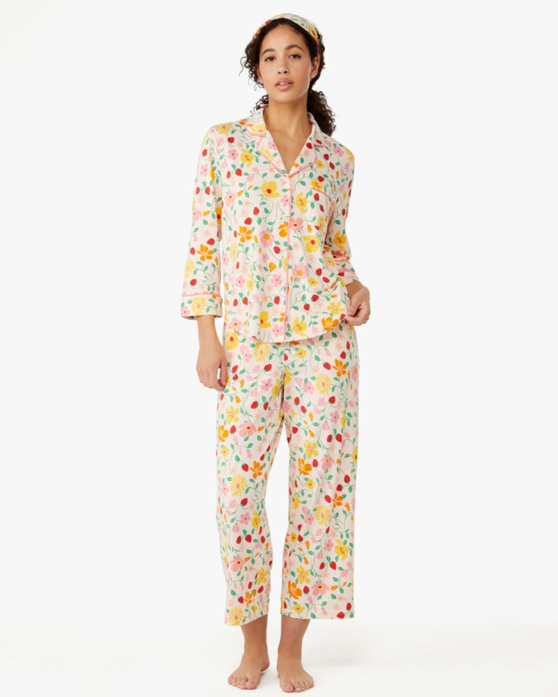 Kate Spade,Notch Neck Crop PJ Set,Polyester,Strawberry Garden