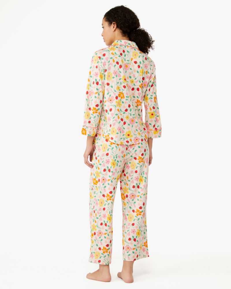 Kate Spade,Notch Neck Crop Pj Set,Polyester,Jersey,Button Down,Straight,Piping,Insulated,Sleepwear,White