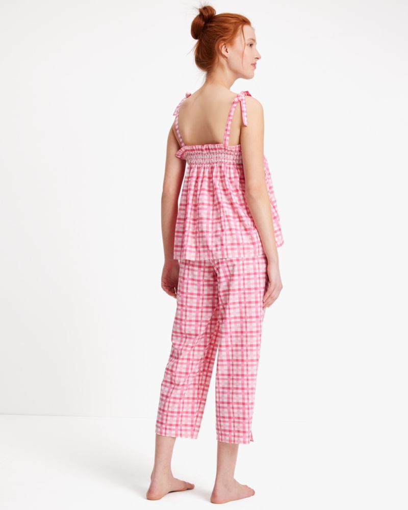 Kate Spade,Long PJ Set,Viscose,Cotton,Straight,Tank,No Embellishment,Shirring,Tie Belt,Embroidered,Frills,Lounge,Sleepwear,Multi Color