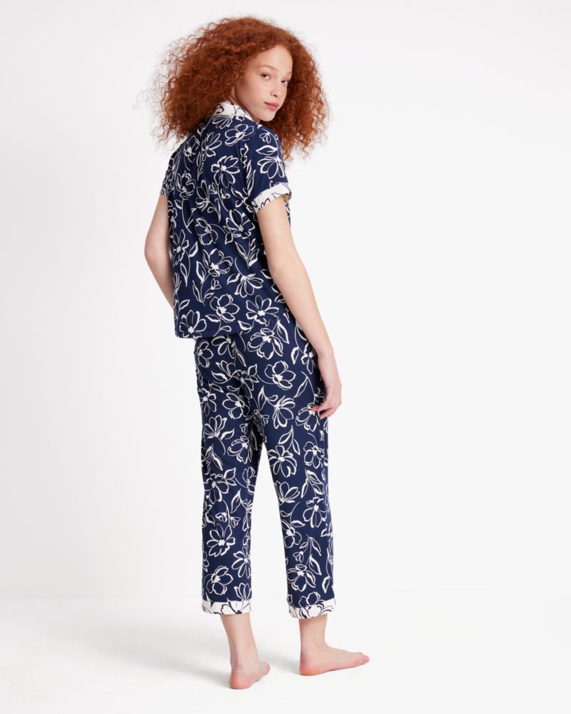 Kate Spade,Crop Pj Set,Spandex,Polyester,Button Down,Straight,Piping,Sleepwear,Multi Color