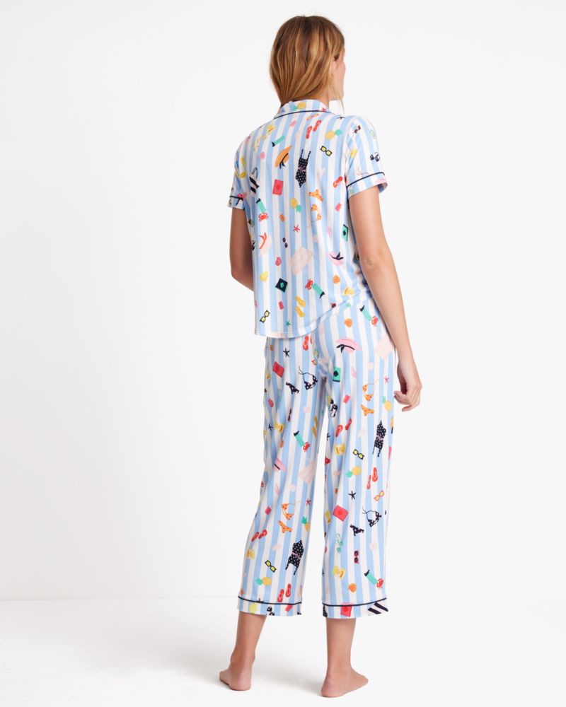 Kate Spade,Crop Pj Set,Spandex,Polyester,Button Down,Straight,Piping,Sleepwear,Multi Color