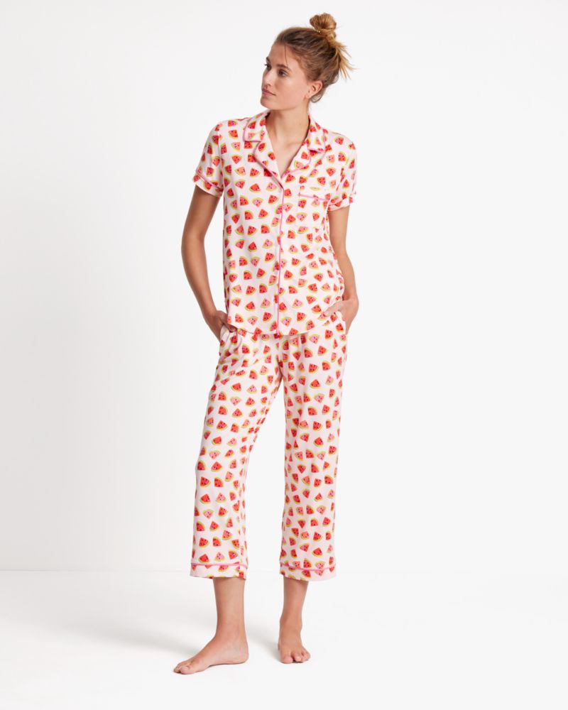 Kate Spade,Crop Pj Set,Spandex,Polyester,Button Down,Straight,Piping,Sleepwear,Multi Color