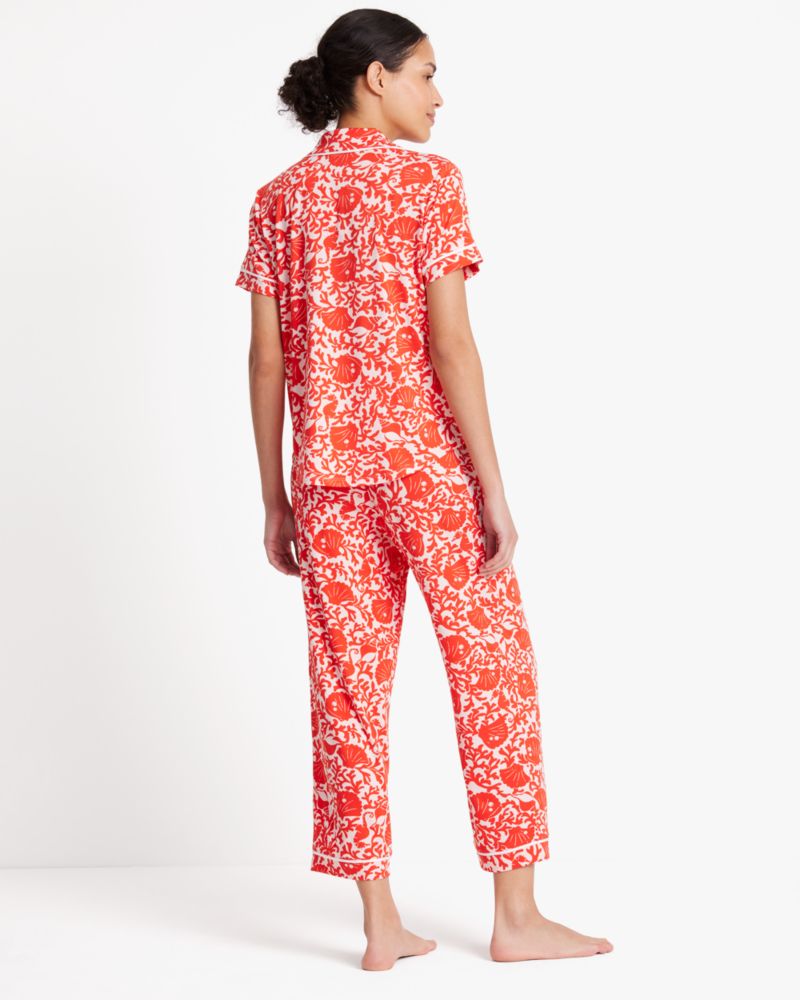 Kate Spade,Crop Pj Set,Spandex,Polyester,Button Down,Straight,Piping,Sleepwear,Multi Color
