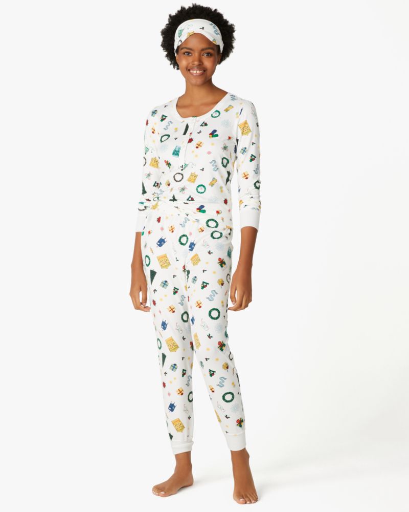 Kate Spade,Henley Jogger Pj Set,Jersey,Jogger,Henley,Air Mask,No Embellishment,Sleepwear,White