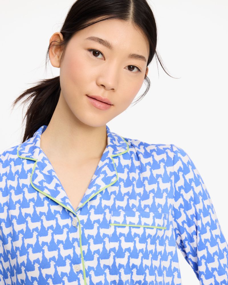 Kate Spade,Long Pj Set,Spandex,Polyester,Button Down,Straight,Piping,Sleepwear,
