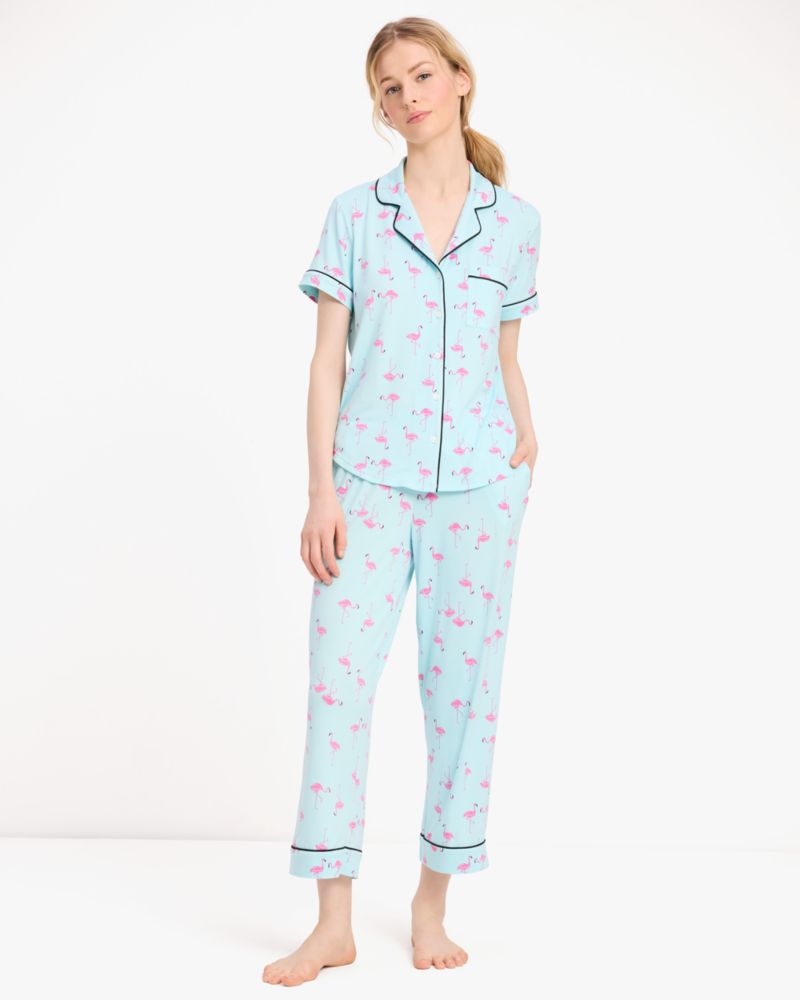 Kate Spade,Crop Pj Set,Button Down,Straight,Piping,Sleepwear,Blue