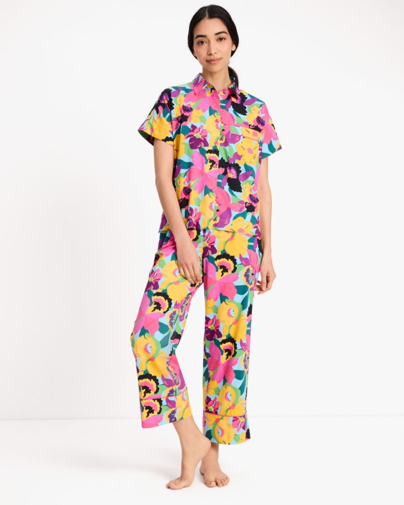 Kate Spade,Orchid Bloom Cropped Pj Set,Button Down,Straight,Piping,Sleepwear,