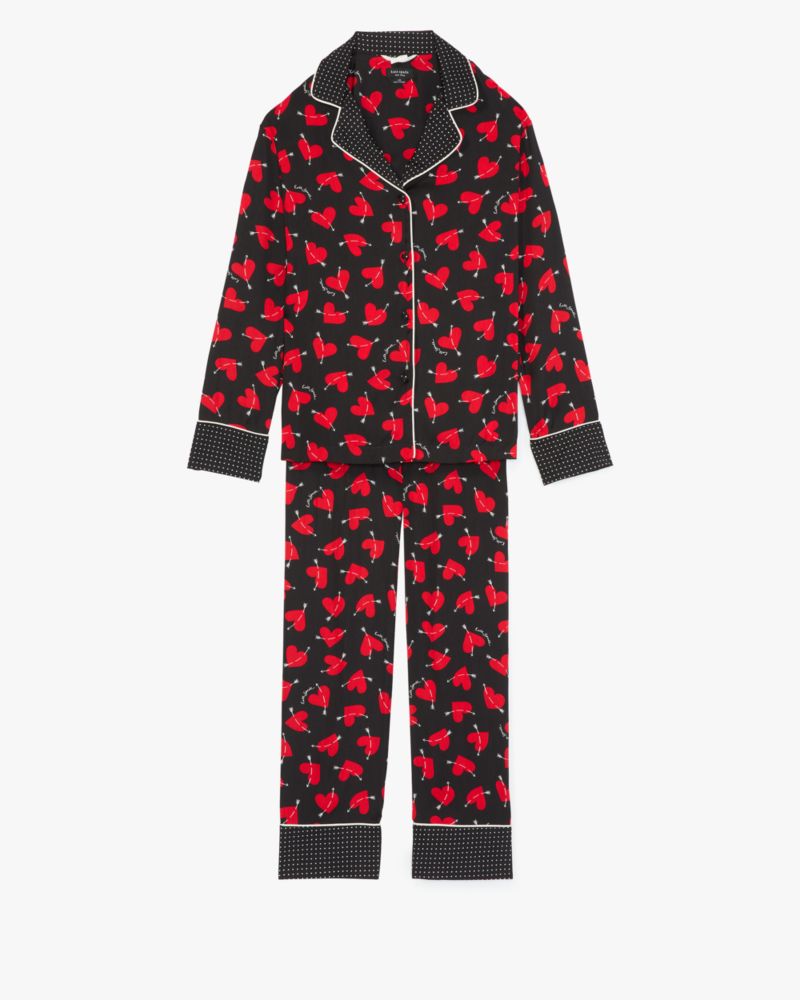 Kate Spade,Cupid Hearts Long Pj Set,Polyester,Straight,Wide Leg,Button Down,Piping,Pattern,All Season,Sleepwear,Black