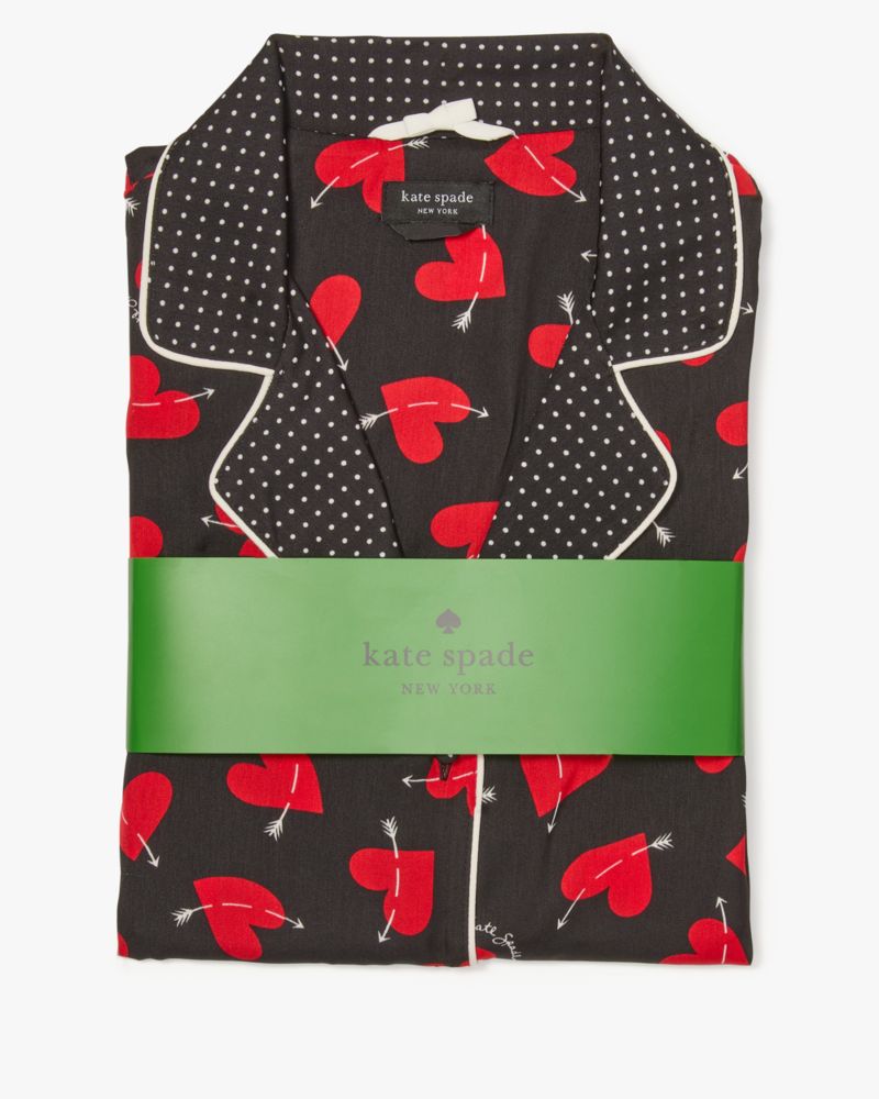 Kate Spade,Cupid Hearts Long Pj Set,Polyester,Straight,Wide Leg,Button Down,Piping,Pattern,All Season,Sleepwear,Black