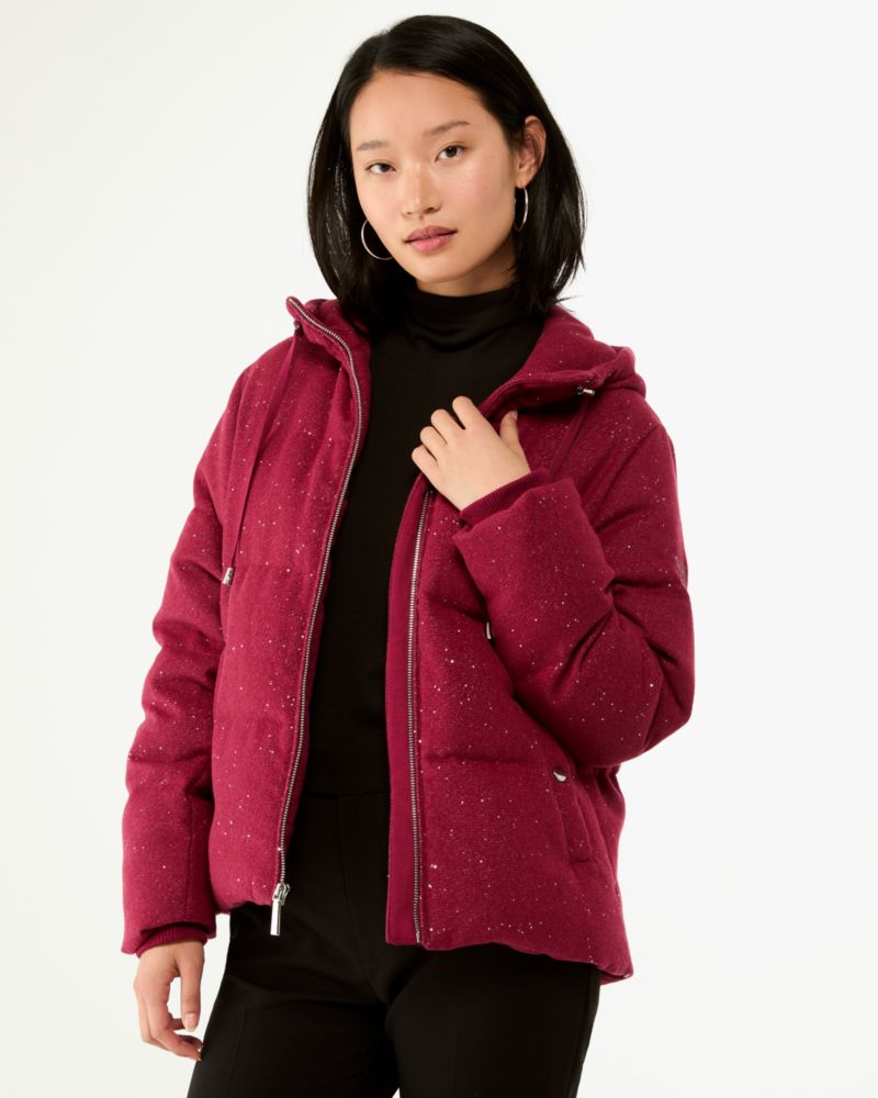 Kate Spade,Short Fashion Puffer,Wool,Down,Puffer,Quilted,Sequin,Drawstring,Embellished,Insulated,Casual,Maroon