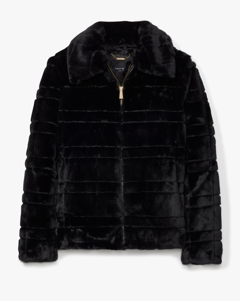 Kate Spade,Short Zip Faux Fur Coat,Faux Fur,Polyester,Fur Coat,No Embellishment,Day Party,Black