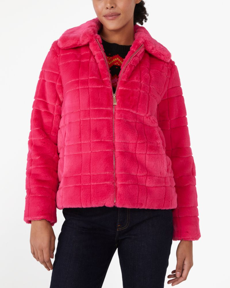Kate Spade,Short Zip Faux Fur Coat,Pom Pink