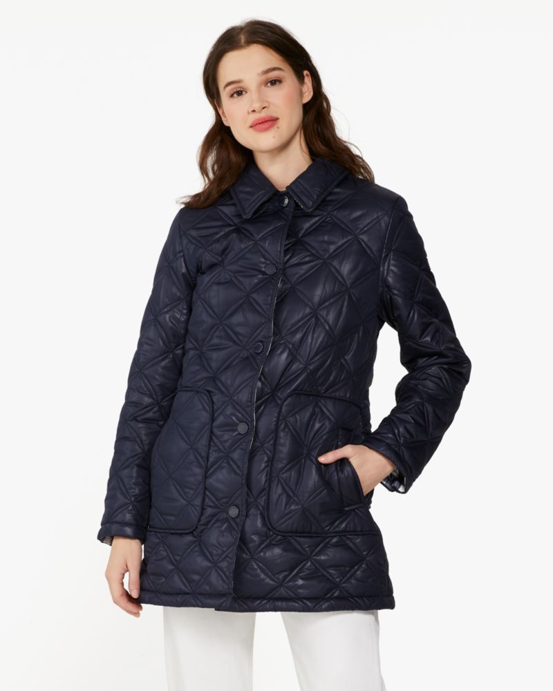 Kate Spade,Gingham Quilted Coat,Polyester,Blazer Blue