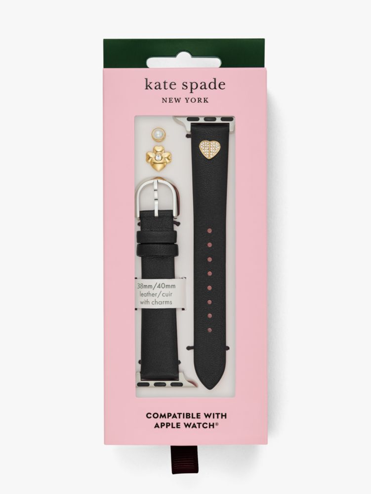 Kate Spade,Black Leather 38/40mm Band & Charm Set For Apple Watch®,