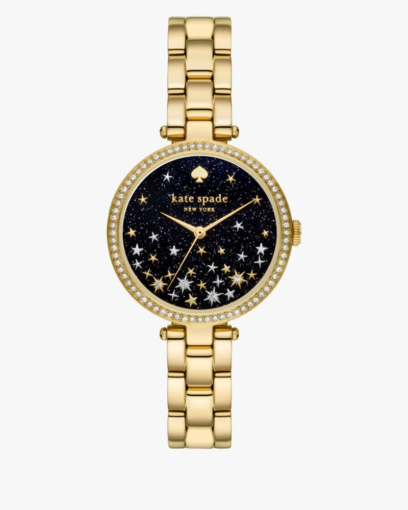 Kate Spade,Holland Gold-tone Stainless Steel Watch,Analog,Logo,Word Embellishment,Rhinestones,Pave Embellishment,Yellow Go...,