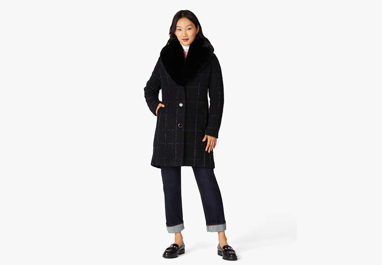 Kate Spade,Lurex Plaid Wool Coat,Wool Blend,Black image number 0
