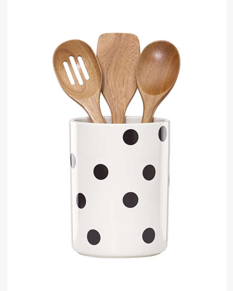 Kate Spade,deco dot crock with 3 wooden utensils,kitchen & dining,Black
