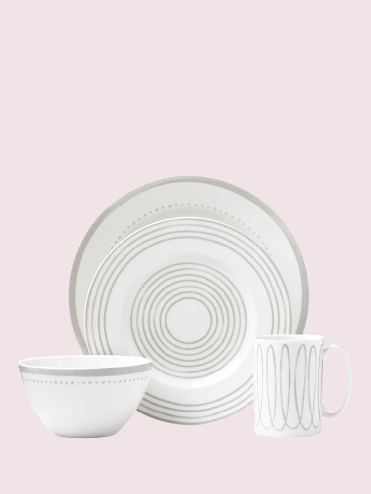Kate Spade,Charlotte Street West Char Grey West 4 Piece Place Setting,Bowl,Dinner Plate,Mug,Salad Plate,Porcelain,Trim Emb...,
