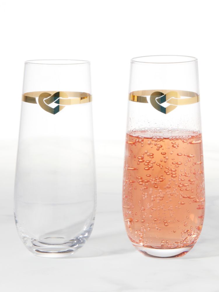 Kate Spade,With Love Stemless Toasting Flute Pair,Champagne Glass,Glass,Gold Embellishment,Border Embellishment,Graphic,Clear