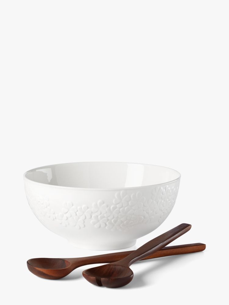 Kate Spade,blossom lane salad set with wooden servers,Parchment