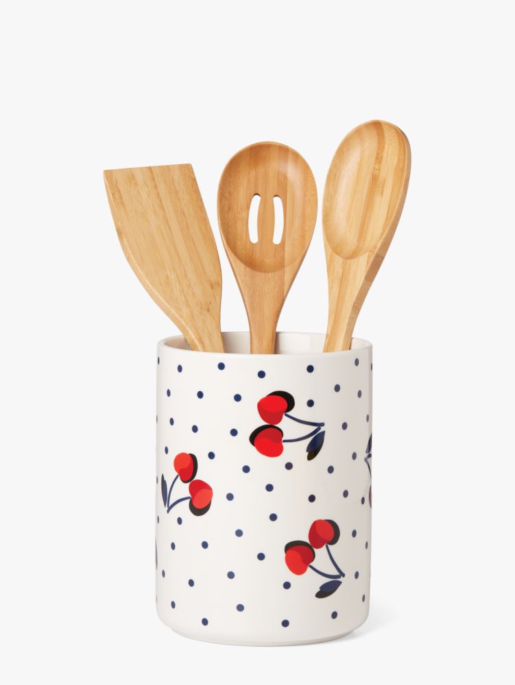 Kate Spade,vintage cherry dot utensil crock with utensils,kitchen & dining,White Multi