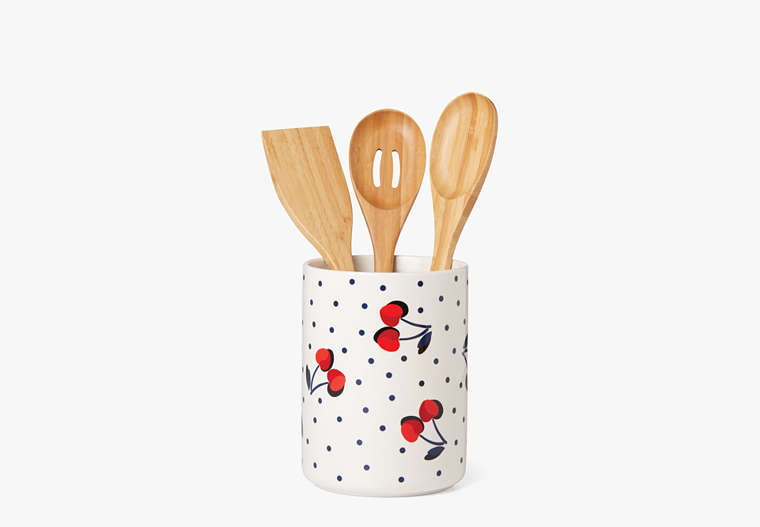 Kate Spade,vintage cherry dot utensil crock with utensils,kitchen & dining,White Multi image number 0