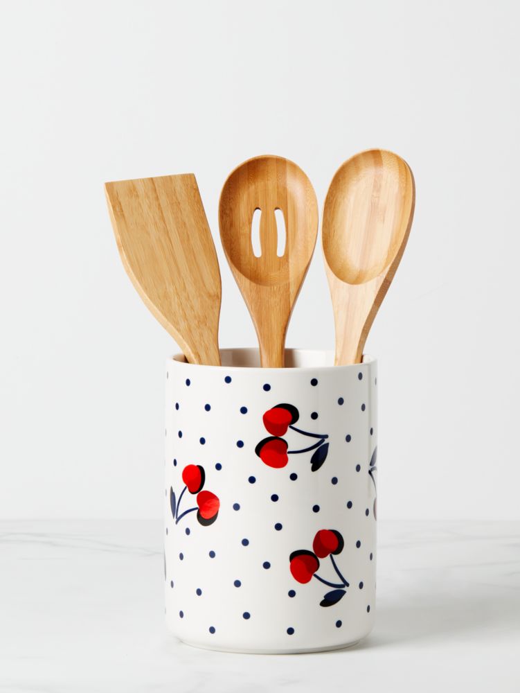 Kate Spade,Vintage Cherry Dot Utensil Crock With Utensils,Utensil Holder,Cooking Spoon,Cooking Spatula,Wood,Stoneware,