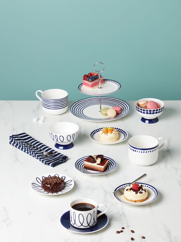 Kate Spade,Charlotte Street 2-tier Server,Tiered Server,Porcelain,Pattern,Trim Embellishment,Navy