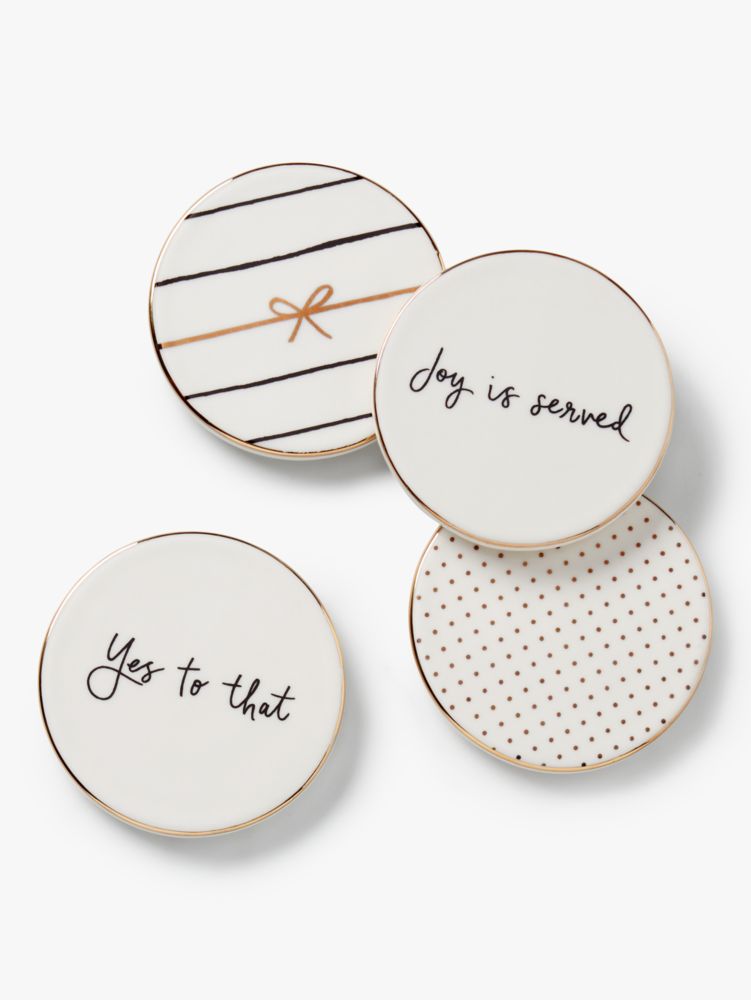 Kate Spade,A Charmed Life 4-piece Coaster Set,Drink Coaster,Porcelain,Gold Embellishment,Metallic Band,Words,White