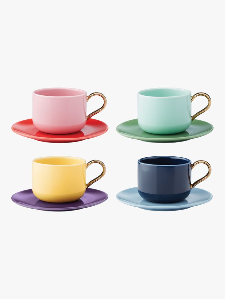 Set of 6 Colorful Porcelain Espresso Cup and Saucer Set - 2 oz, Gold Color  