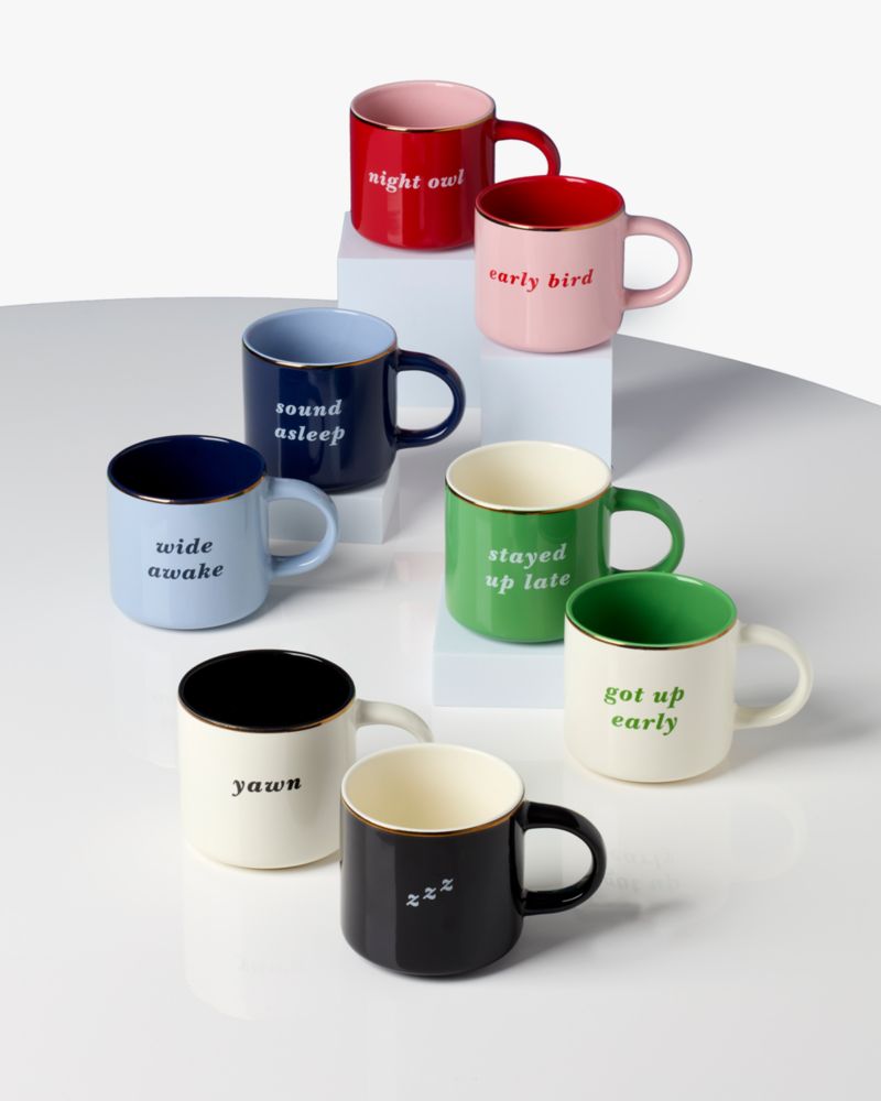 Kate Spade,Two Of A Kind Early Bird & Night Owl Mug Set,Mug,Ceramic,Gold Embellishment,Metallic Band,Words,Set,Multi Color