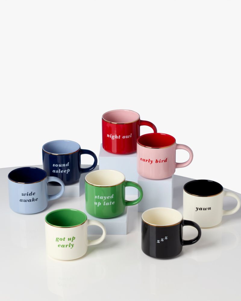 Kate Spade,Two Of A Kind Got Up Early & Stayed Up Late Mug Set,Mug,Ceramic,Gold Embellishment,Metallic Band,Words,Set,Multi Color
