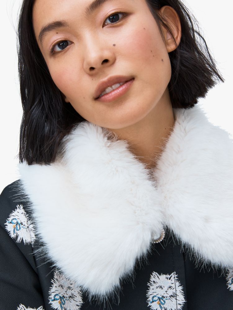 Kate Spade,cat dot jacquard removable fur collar coat,jackets & coats,Black / Glitter