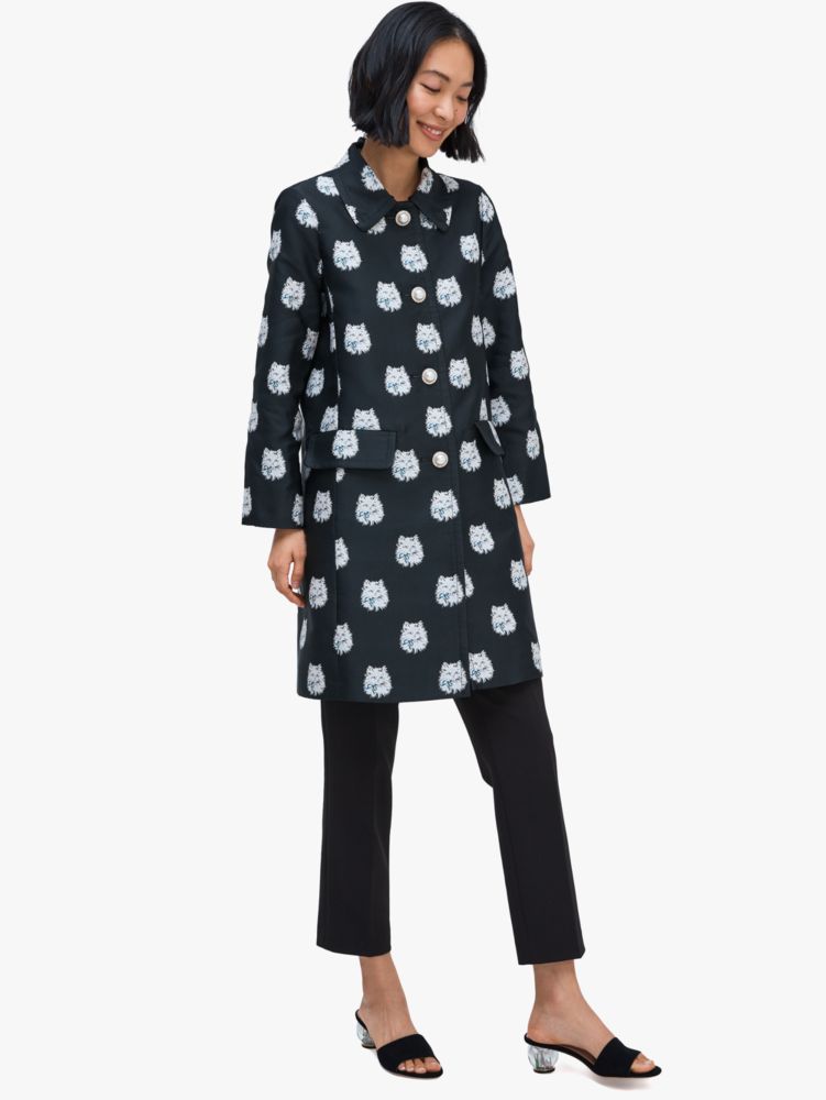 Kate Spade,cat dot jacquard removable fur collar coat,jackets & coats,Black / Glitter