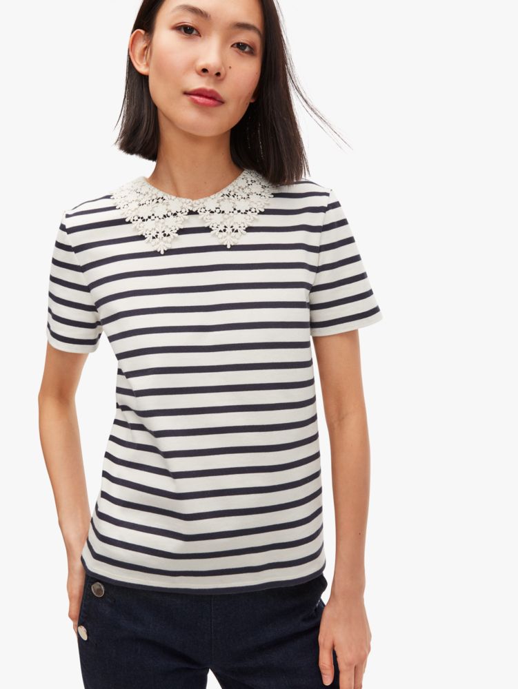 Lace Collar Striped Tee, , Product