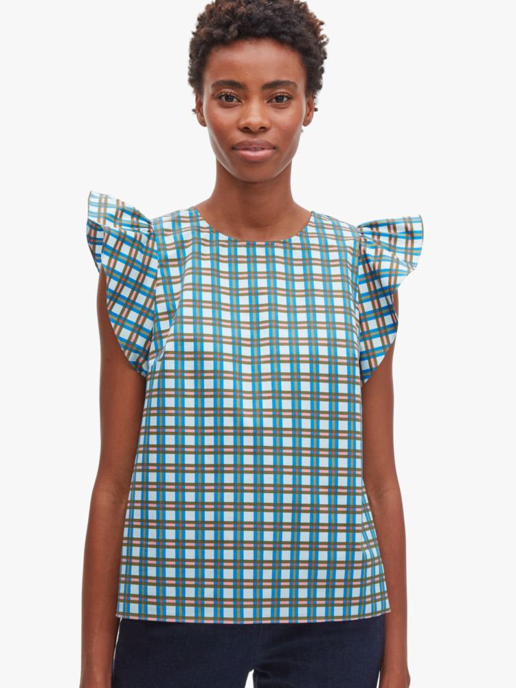 Kate Spade,plaid flutter top,tops & blouses,Icy Aqua