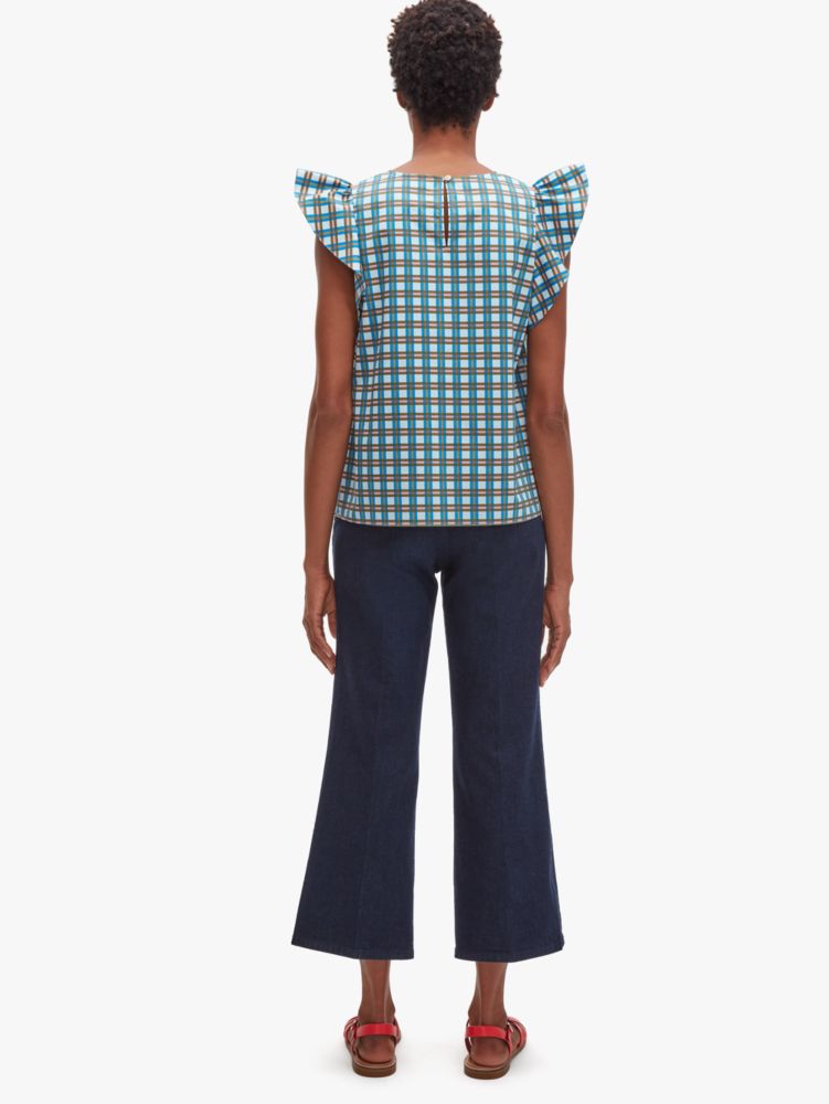 Kate Spade,plaid flutter top,tops & blouses,Icy Aqua